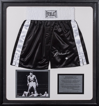 Muhammad Ali Signed Black Everlast Trunks in 32x34 Framed Display with Photo (LE 351/1000) (JSA)